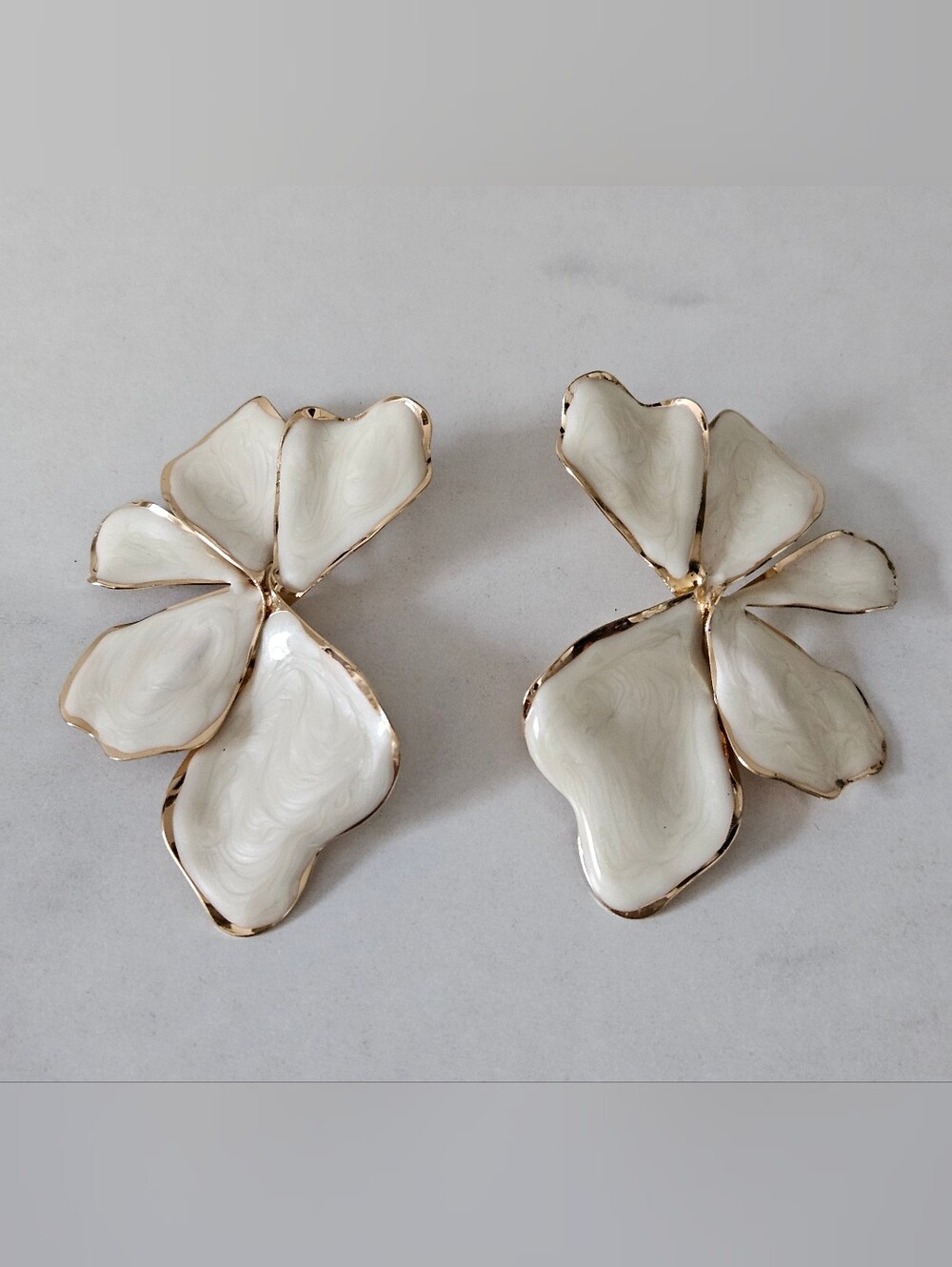 Gold Plated Large White Floral Statement Earrings (NWOT)